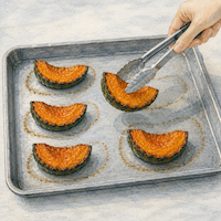 焼くと水が抜けて、かぼちゃは軽くなる。天板の上で、焼く前の位置の跡より小さくなった櫛形をトングでつまみ上げている(水彩イラスト)