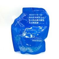 海へ…洗剤の詰替パック380gのおもて面。「すすぎ0でも使える」と書かれた青いパウチ