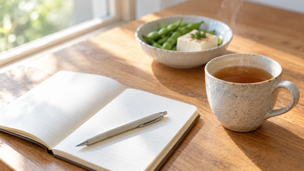 ヴィーガンと老けについての疑問をノートに書き出す、お茶と豆腐・枝豆を添えた静かな食卓の写真