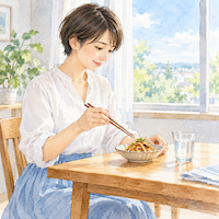 切り干し大根の戻し汁に出る糖は1皿分で約6g。小鉢1つ分の切り干し大根の煮物を前に、窓辺の食卓で箸を持つ女性の水彩イラスト