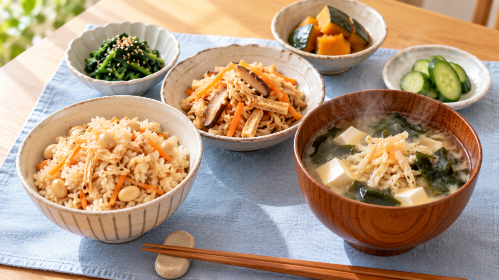 切り干し大根の戻し汁を使ったみそ汁、切り干し大根の煮物、切り干し大根の炊き込みご飯が並ぶ、品数の多い昼ごはん