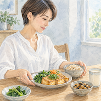 ヴィーガンで頬がこけるのは食事の量とたんぱく質が減ったとき、厚揚げとごはんの食事を前にした35歳の日本人女性の水彩イラスト
