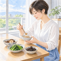 骨折を防ぐにはカルシウムだけでは足りない、ビタミンDの干ししいたけときくらげ、ビタミンKの納豆と小松菜が並ぶ食卓の女性の水彩イラスト