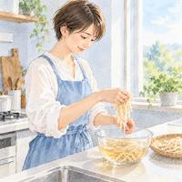 切り干し大根は30分〜1時間で戻す。水につけておいた切り干し大根を、ボウルから指でつまんで引き上げる女性の水彩イラスト