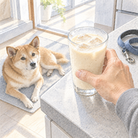 朝の犬の散歩から帰って飲む甘酒の豆乳割り、氷を入れたグラスを手に取る台所と足元で休む犬の水彩イラスト