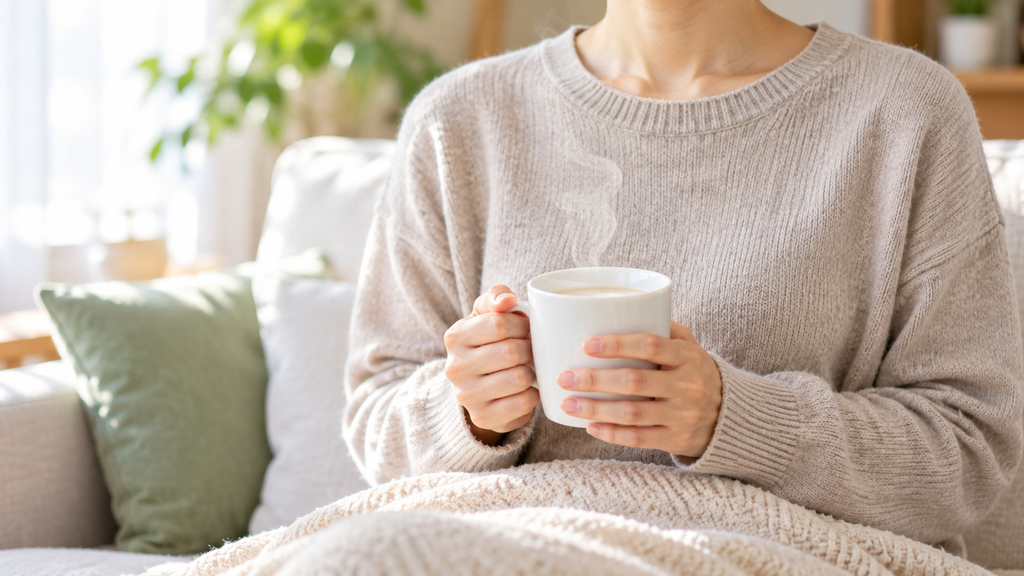 温かい飲み物をお腹の前で両手に包む手元、牛乳でお腹がゴロゴロする日本人に多い体質と向き合う