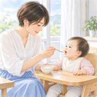 日本人の大半は大人になると乳糖を分解する酵素が減る、離乳食のおかゆを赤ちゃんに食べさせる母親の水彩イラスト