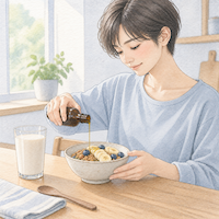 朝食のグラノーラにアマニ油をかける35歳の日本人女性を描いた、脂質をとる習慣を紹介する水彩イラスト
