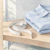 ヴィーガンでも体重の変化は自分で確かめる必要があることを表す、たたんだ服のそばに置かれた巻き尺のクローズアップ水彩イラスト