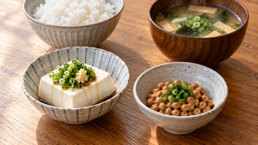 ヴィーガンの食事で頬の脂肪を戻す、ごはんとみそ汁に冷奴と納豆を添えた和食の写真