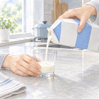 牛乳を少しずつ飲むとお腹の症状が軽くなった例もある、小さなグラスに牛乳を少しだけ注ぐ手元の水彩イラスト