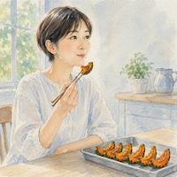 水が抜けた分を差し引いても、ビタミンAは1.7倍に増えていた。焼き上がったかぼちゃを箸でひと口食べて、女性が穏やかな顔をしている(水彩イラスト)