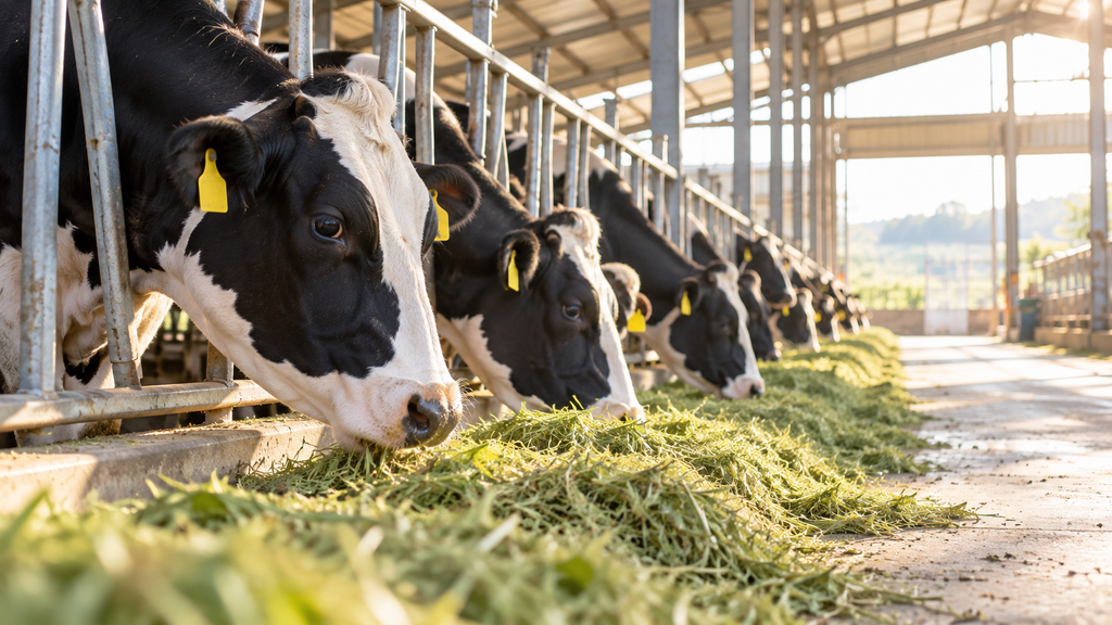 ヴィーガン(ビーガン)が牛乳を飲まない理由の1つ、牛舎で管理されながらエサを食べる乳牛のホルスタイン