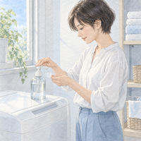 海へ…の使用量は一般の洗剤の半分。ポンプボトルから少量の洗剤を計量カップに取る女性の水彩イラスト