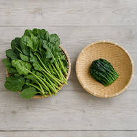 重量変化率という考え方。同じ大きさのざるに、生のほうれん草の山と、ゆでて小さくなったほうれん草を並べて真上から見たところ