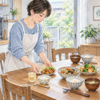 ヴィーガンと家族の食事で子どもにだけ動物性の料理を一品足す。ショートカットの女性が子どもの席に唐揚げの皿を置き、夫婦の席には野菜の料理が並ぶ日本の家庭の水彩イラスト