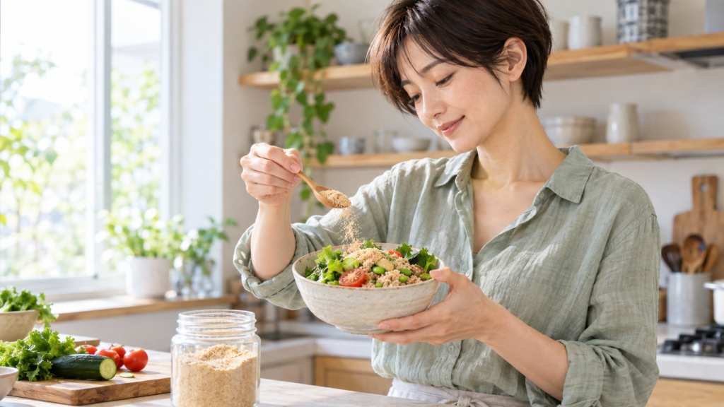 米ぬかパウダーを玄米と野菜のサラダにふりかける女性、植物性の食卓で不足しがちな栄養を足すキッチンの風景