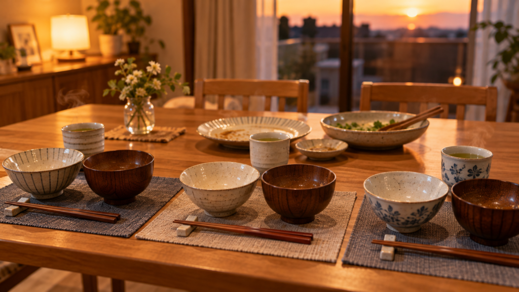 ヴィーガンと家族の食事は無理をさせなければ続く。夕食を食べ終えた食卓に、3人分の茶碗と汁椀とそろえた箸、湯気の上がるお茶が並ぶ