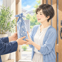 いただきもののお酒は、お酒を楽しむ人にあげる。風呂敷で包んだ瓶を玄関先で受け取り、うれしそうにほほえむ日本人女性の水彩イラスト