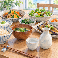 肉と同じで、お酒も完全にはやめていない。彩りのよい植物性のおかずが並ぶ食卓の手前に、うれしい日の小さなおちょこが1杯だけ置かれた水彩イラスト