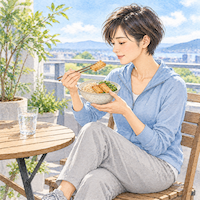 テンペ1袋で1日に必要なたんぱく質の約3割がとれる。散歩から帰り、明るいベランダで焼いたテンペのごはんを食べる日本人女性の水彩イラスト