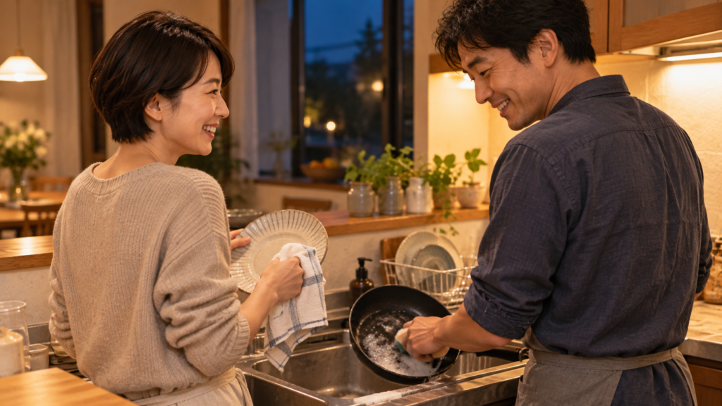 ヴィーガンと家族の食事のよくある質問。夕食後の台所で、夫がフライパンを洗い、ショートカットの女性が皿をふきながら並んで話す夫婦