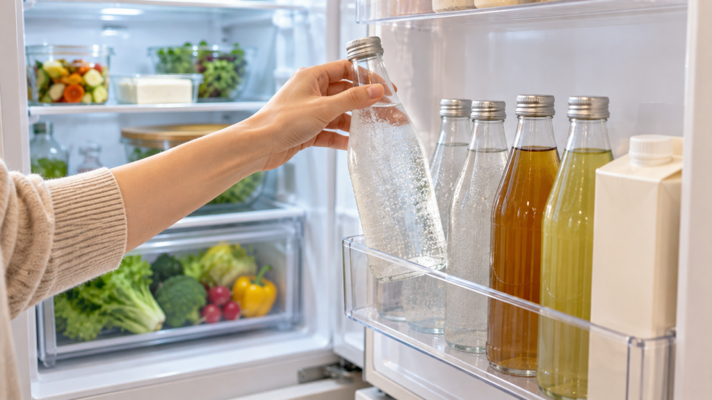 ソバキュリアンの始め方。冷蔵庫のドアポケットに炭酸水やお茶を用意しておき、冷えた炭酸水のボトルを取り出す女性の手元