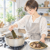 ヴィーガンと家族の食事の土台は植物性のだし。明るい台所で、ショートカットの女性が干ししいたけの入った鍋の水に昆布を入れ、家族全員のだしを取る水彩イラスト