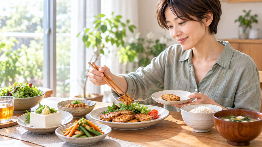 テンペの栄養を木綿豆腐・納豆と比べる。冷ややっこと納豆と焼いたテンペが並ぶ昼ごはんを取り分ける日本人女性