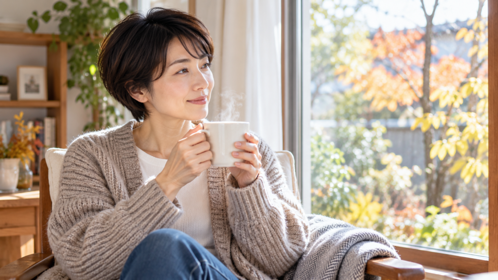 こうじ水は温めて飲んでもいいのか、涼しい秋の朝に温めたこうじ水のマグカップを両手で持つ女性