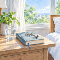 私がお酒を飲まない理由は夜の読書と翌日の体調。しおりを挟んだ本と老眼鏡が置かれた枕元の小さな台に、明るい朝の光が差し込む水彩イラスト