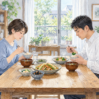 ヴィーガンと家族の食事でこじれた夫婦。昼の食卓に向かい合って座り、目を合わせずに黙って箸を進める日本人の夫婦の水彩イラスト