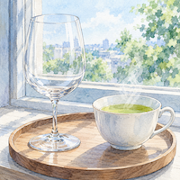 ソバキュリアンと禁酒の違い。明るい窓辺の木のトレーに、空のワイングラスと湯気の上がる緑茶の湯のみが、どちらも選べるように並ぶ水彩イラスト