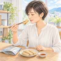 テンペは生のまま、ポン酢をつけて食べられる。袋から出したテンペにポン酢をつけ、食卓でひと口味見する日本人女性の水彩イラスト