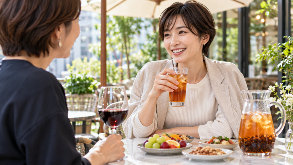 ソバキュリアンとは、飲むかどうかを自分で選ぶ人。昼のカフェのテラス席で、赤ワインを飲む友人と、アイスティーを手に笑顔で話す日本人女性