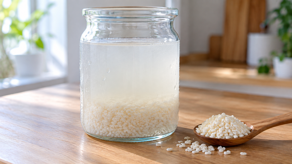冷たい水に米麹をつけて作るこうじ水(麹水)。白くにごった水の底に米麹が沈むガラス瓶と、木のさじにのせた乾燥米麹