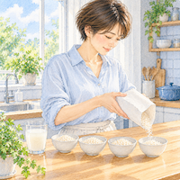 こうじ水1杯の値段は約52円。米麹1袋から4回分を小鉢に分ける女性の水彩イラスト