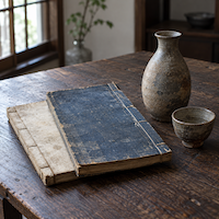 「酒は百薬の長」の出どころ。古い糸綴じの漢籍と和本が重なり、その横に昔ながらの素焼きの徳利とおちょこが置かれた静物