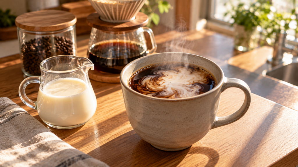 ソバキュリアンの夕方の1杯。夕日の差すキッチンカウンターで、デカフェのコーヒーに豆乳を注いだ直後、白い渦が広がる陶器のマグ