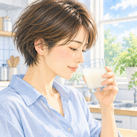 こうじ水を捨てる目安は味・におい・色。飲む前にグラスのこうじ水のにおいを確かめる女性の水彩イラスト