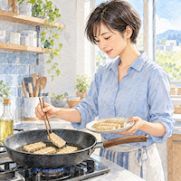 テンペは焼き方しだいでパサパサになる。フライパンに油をひいてから薄切りのテンペを並べる日本人女性の水彩イラスト