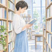 ソバキュリアンという生き方を知り、明るい書店の本棚の前で、開いた本を穏やかな表情で読む日本人女性の水彩イラスト