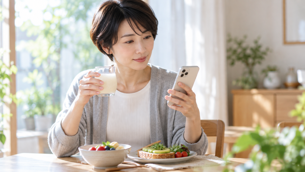 こうじ水(麹水)のお通じや美肌の効果は本当か、朝の食卓でグラスを手にスマートフォンで調べる女性