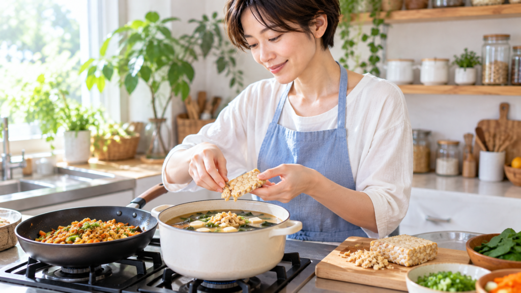 テンペのよくある質問。テンペは手でほぐしてお味噌汁や炒め物にも使える。鍋にテンペをほぐし入れる日本人女性