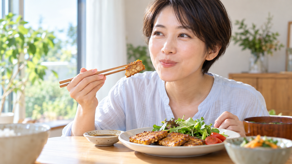 テンペはまずい？甘辛いタレで焼いたテンペをひと口食べて、思ったよりおいしいと笑顔になる日本人女性