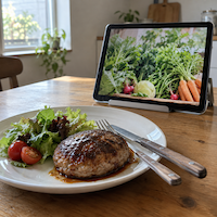 ヴィーガンと家族の食事のコラム。肉を減らす呼びかけの実験にちなみ、野菜の映像を流すタブレットの手前に、ハンバーグの皿を置いたテーブル