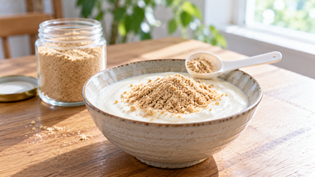 豆乳ヨーグルトに米ぬかパウダーを小さなスプーンで山盛り1杯ふりかけた器と、奥に置いたガラス瓶