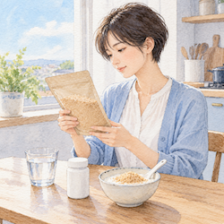 米ぬかパウダーの袋の裏を読みながら、サプリと一緒にとるタイミングを考える女性の水彩イラスト