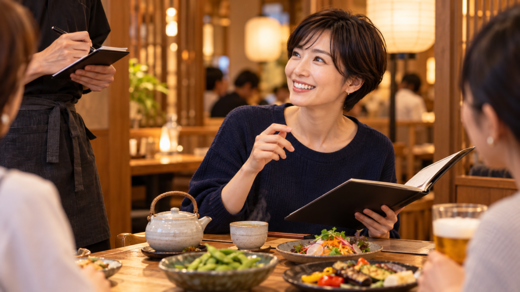 ソバキュリアンの飲み会。夜の和食店で、急須と湯のみのお茶を前に、お店の人へ笑顔で飲み物を頼む日本人女性
