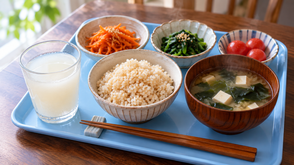 こうじ水の飲み方。朝いちばんのこうじ水と、こした米麹を入れて炊いた玄米ご飯、味噌汁、彩りの副菜を青いトレーに並べた朝ごはん